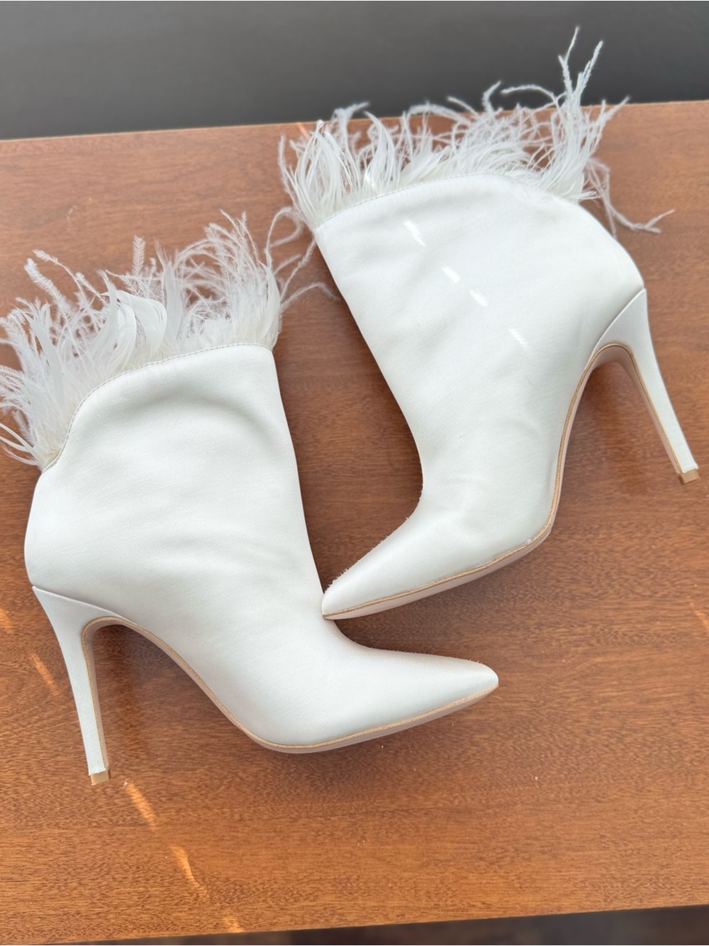Jessica Simpson White Feather-Trim Pointed Toe Stiletto Ankle Boots